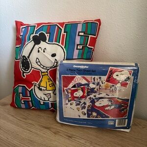 Peanuts Snoopy New Twin‎ Sheet Set Joe Cool Vintage 90s Double Sided Pillow